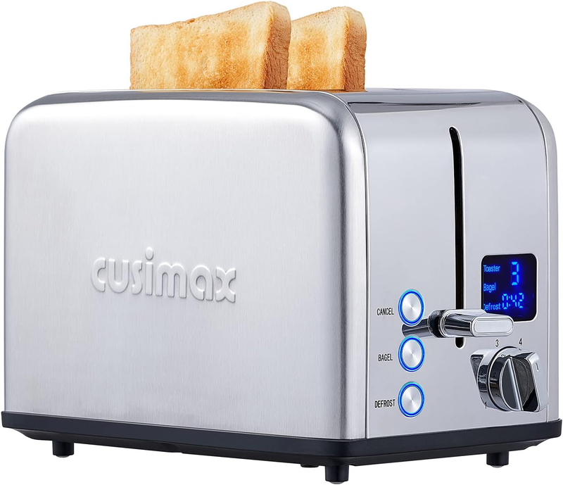 Silver Stainless Steel 2 Slice Toaster - LED Display, Wide Slots, 6 Shades Bagel9