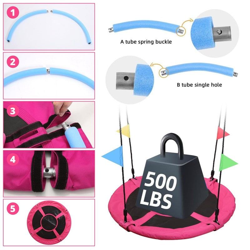 40" Saucer Tree Swing for Kids & Adults, Adjustable Rope Flying Seat, Pink2
