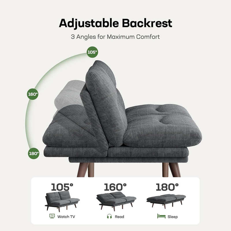 66in Futon Sofa Bed Convertible Corduroy Sleeper Loveseat Adjustable Light Gray2