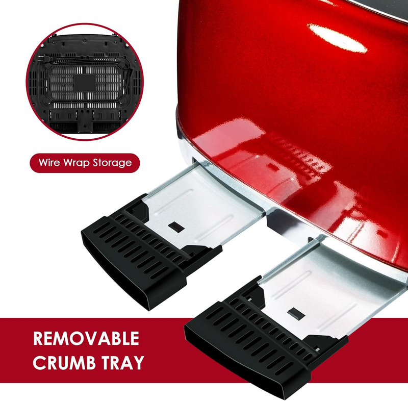 Retro 4 Slice Toaster Red ST033 - Wide Slots, Bagel, Defrost, 6 Shade Crumb Tray4