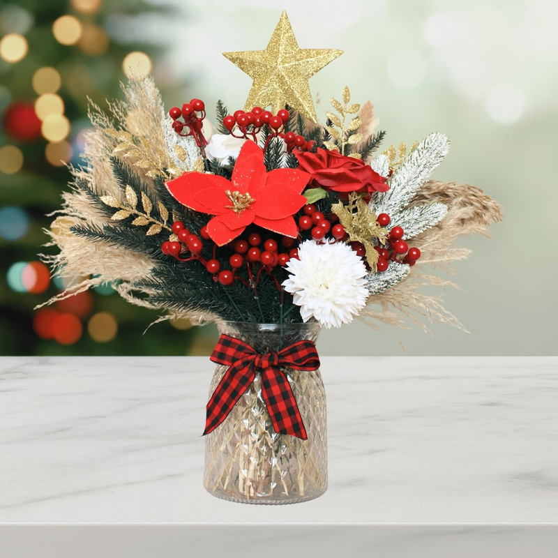 100 Pcs Christmas Centerpiece Floral Arrangement Red Berry Poinsettia Decor6