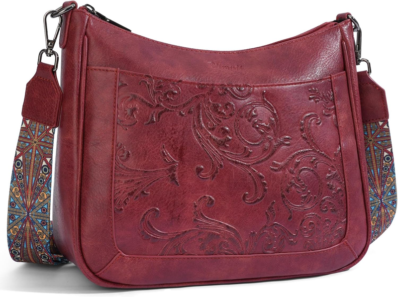 Women Crossbody Bag Vegan Leather Embossed Flower Multi Pocket Strap Hobo Bag7