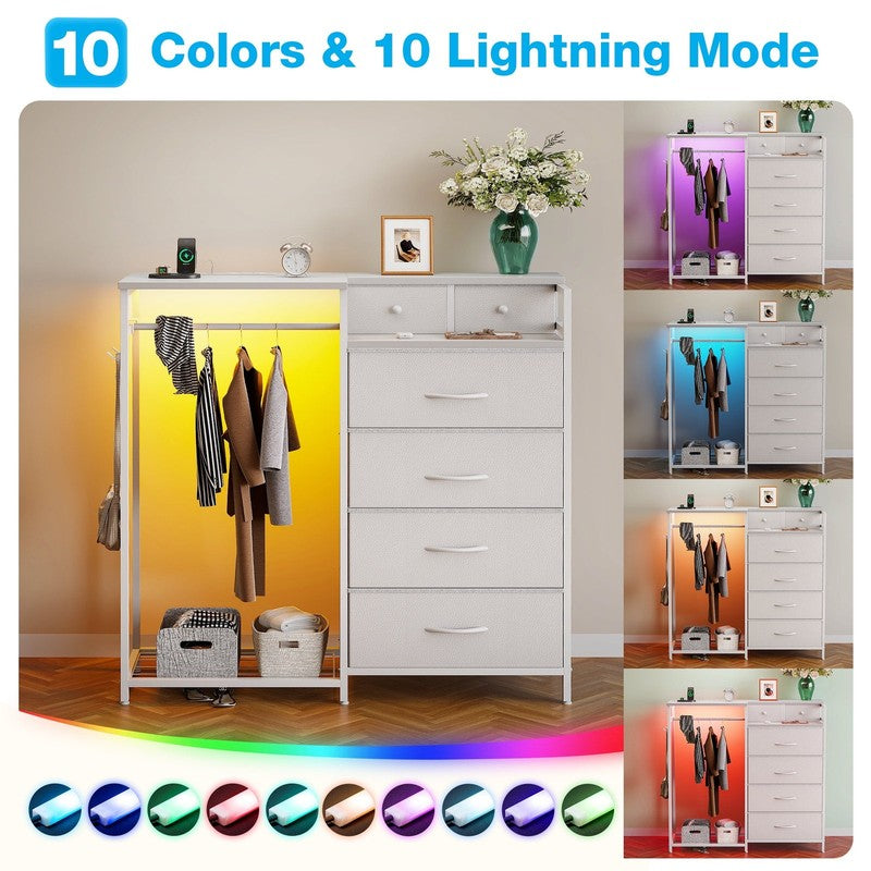 Dresser for Bedroom with Clothes Rack, 6 Drawers Dresser with Charging Station &5