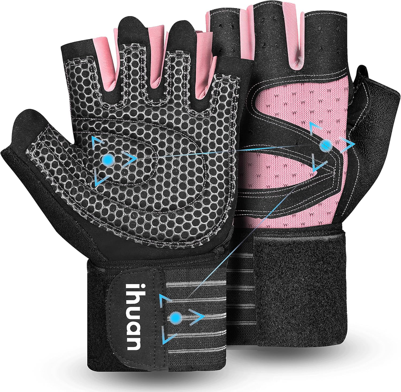 Ventilated Weightlifting Gloves with Wrist Wrap Support for Men and Women Pink10