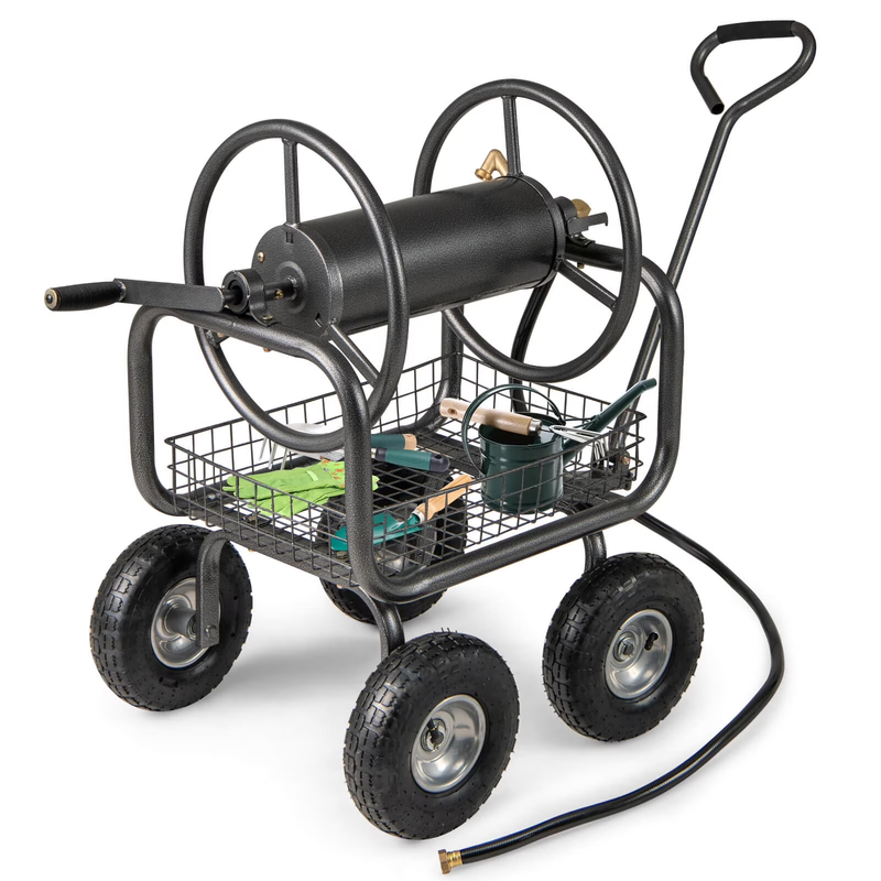 Portable Hose Reel Cart with 300 Ft of 5/8” Large Capacity Storage Basket for La0