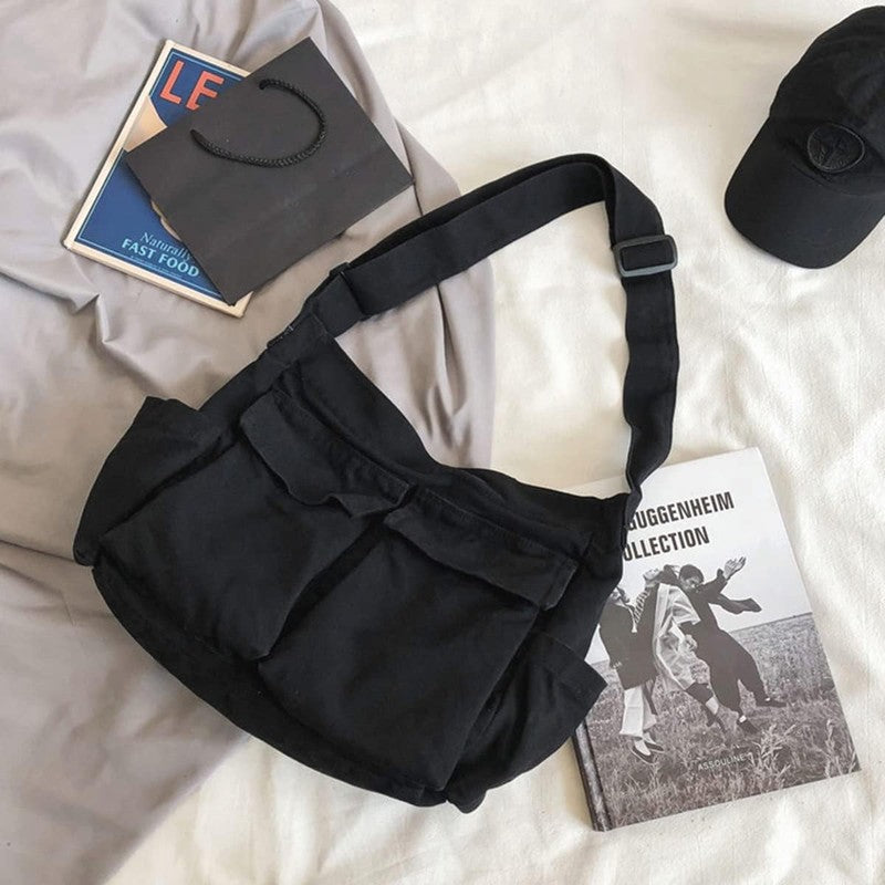 Aesthetic Cute Bag School Vintage Black Canvas Crossbody Shoulder Laptop Bag2