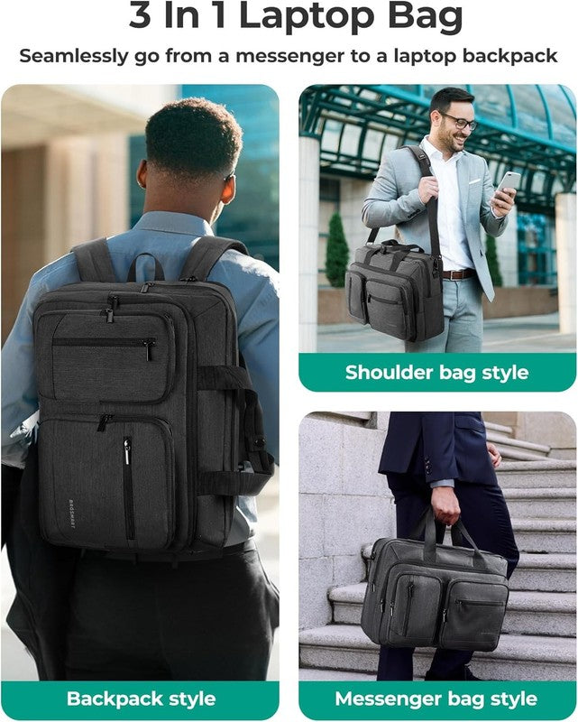 3-in-1 17.3" Laptop Bag for Men Water-Repellent Briefcase Shoulder Bag Black1