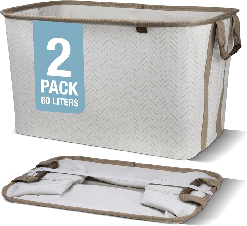 Collapsible Laundry Basket Hamper 2-Pack 60L Luxe Cream Herringbone Foldable8