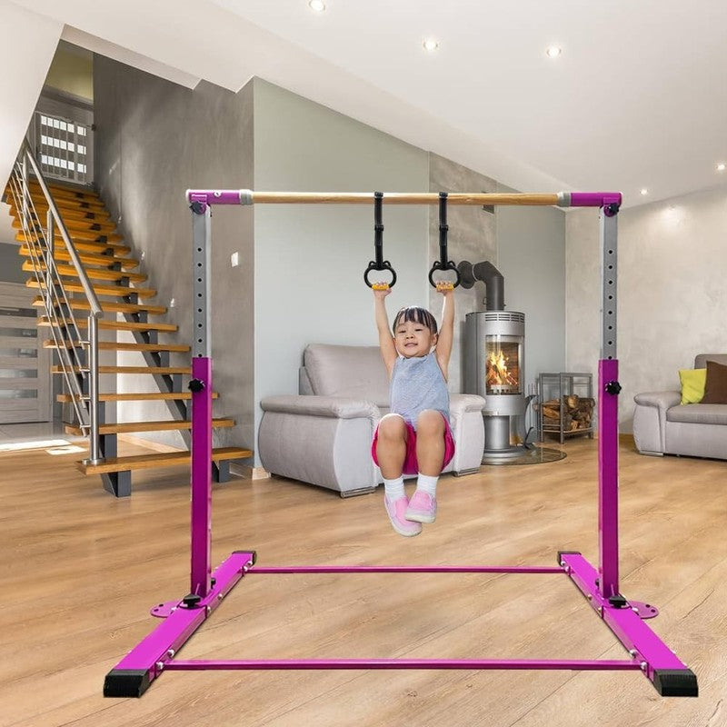 Kids Gymnastics Bar w/ Rings Adjustable 3' 5' Home Indoor Steel Training5