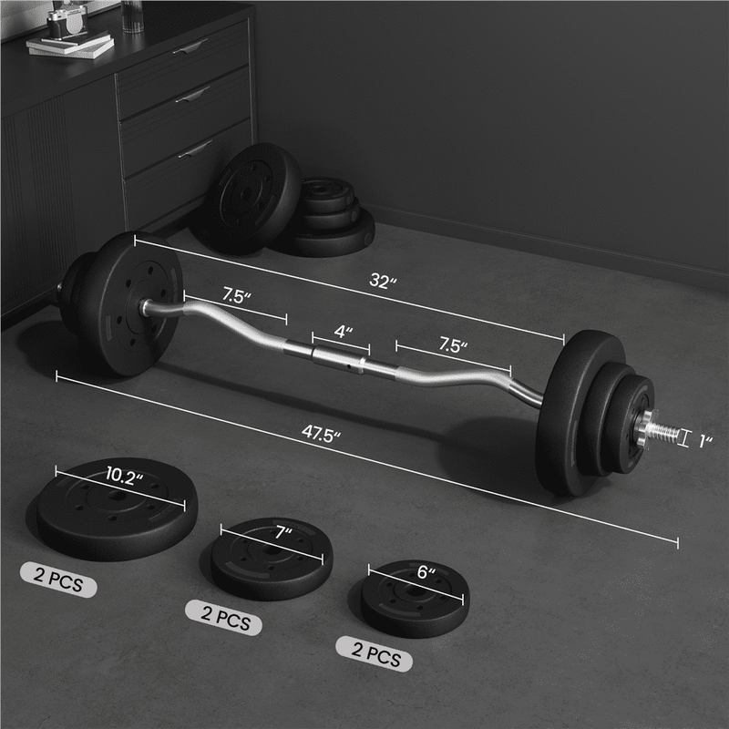 44 Lb Barbell Weight Set with Plates and Detachable Curl Bar, Black2