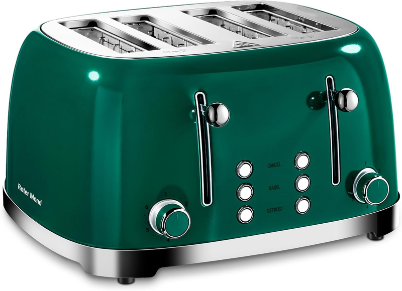 4 Slice Retro Toaster Green Stainless Steel Bagel Defrost Wide Slots0