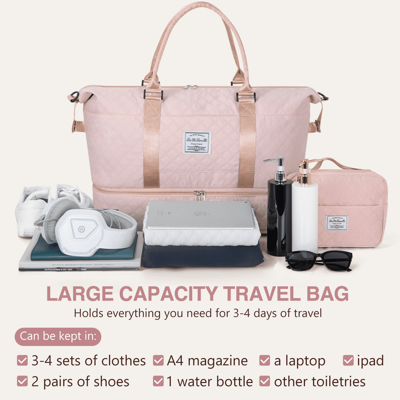 Weekender Overnight Bag for Women, Travel Duffel with Shoe & Wet Pockets, Includ2