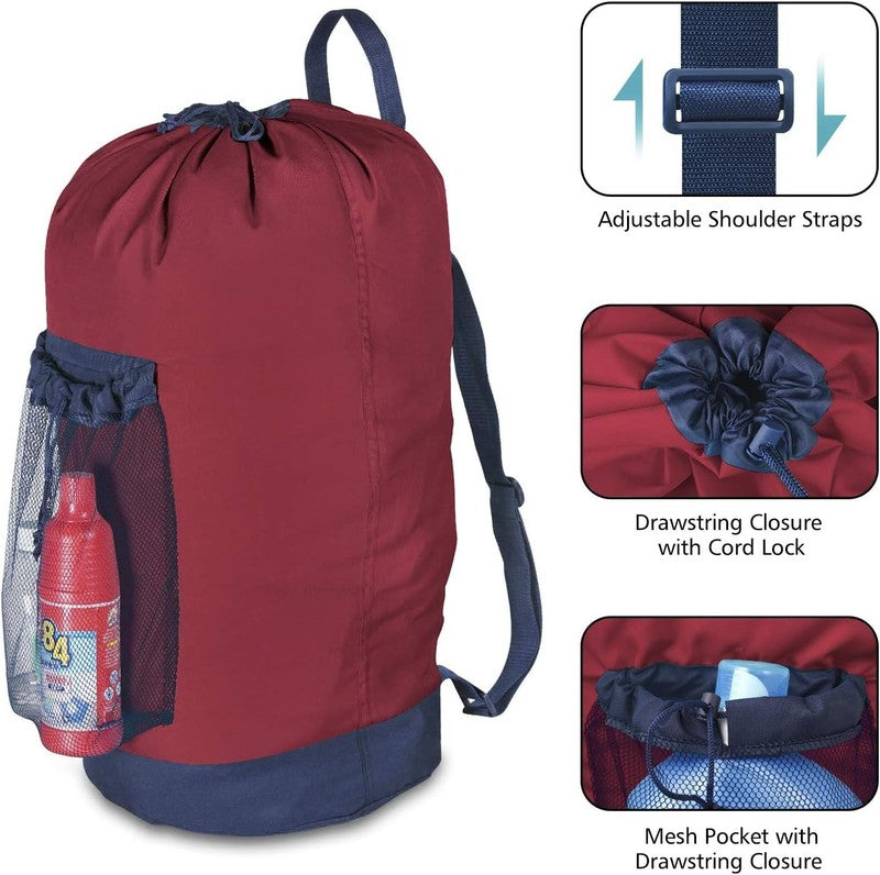 Backpack Laundry Bag with Straps & Mesh Pocket, Durable Nylon Clothes Red2