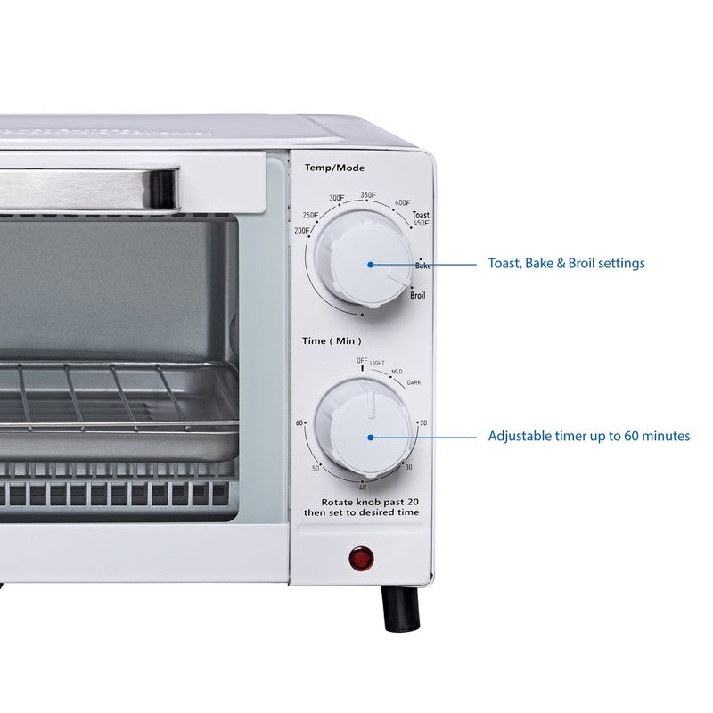 4-Slice Countertop Toaster Oven with Bake Pan & Rack, 3 Settings, White3