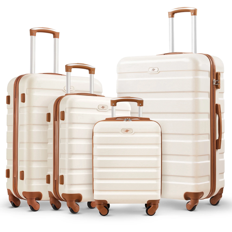 4 Piece Luggage Set Hardside Spinner Suitcase 16 20 24 28 Inch White Brown0