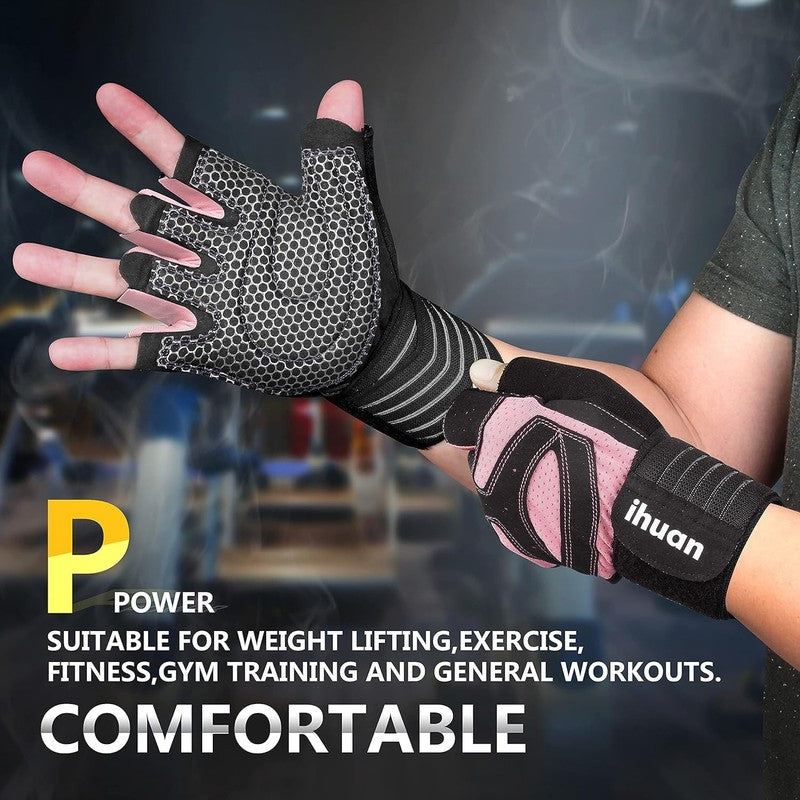 Ventilated Weightlifting Gloves with Wrist Wrap Support for Men and Women Pink2