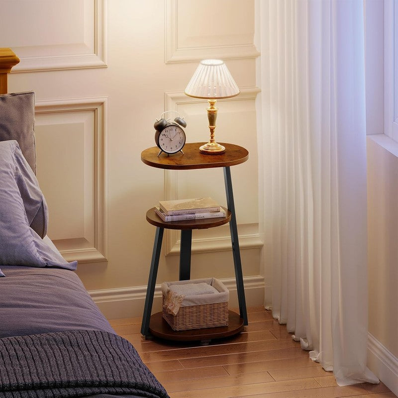3-Tier Round Side Table Metal Frame Bedside End Table Brown4