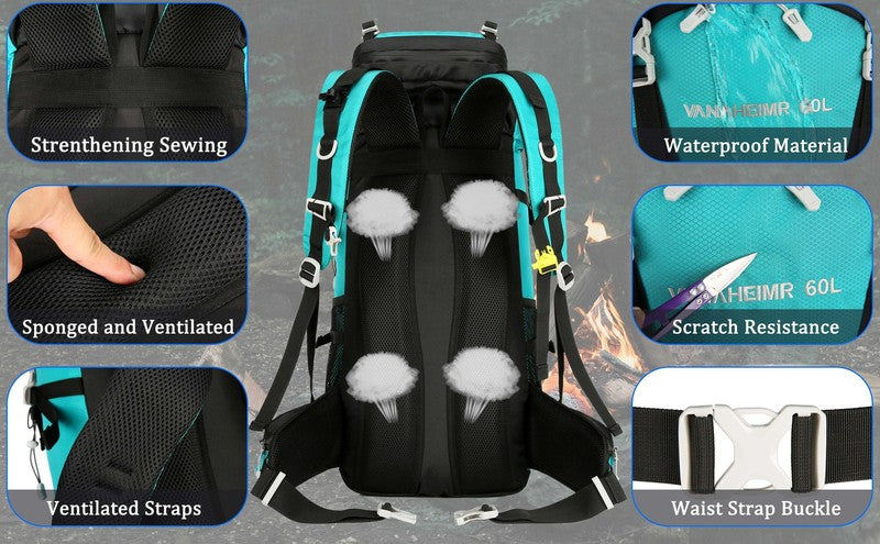 60L Travel Hiking Camping Backpack with Rain Cover, Backpack Water Resistant,Cli10
