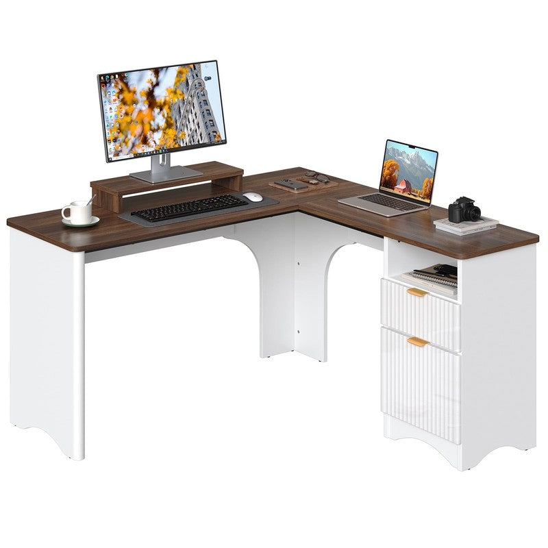 55" L-Shaped Desk with Drawers, Monitor Stand & Fluted Panels White/Walnut10