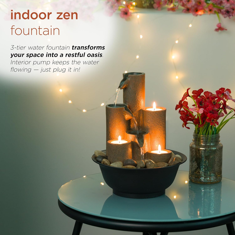 WCT202 Indoor Tabletop Tiered Water Fountain Featuring 3 Candles for Desktop and4