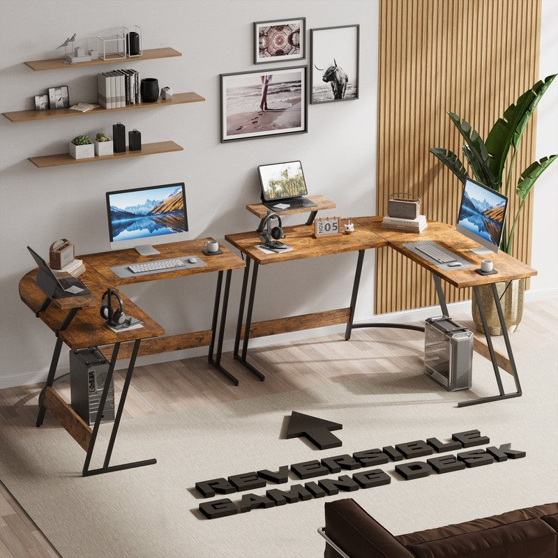 51" L-Shaped Gaming Desk Corner Office with Removable Monitor Riser Brown7