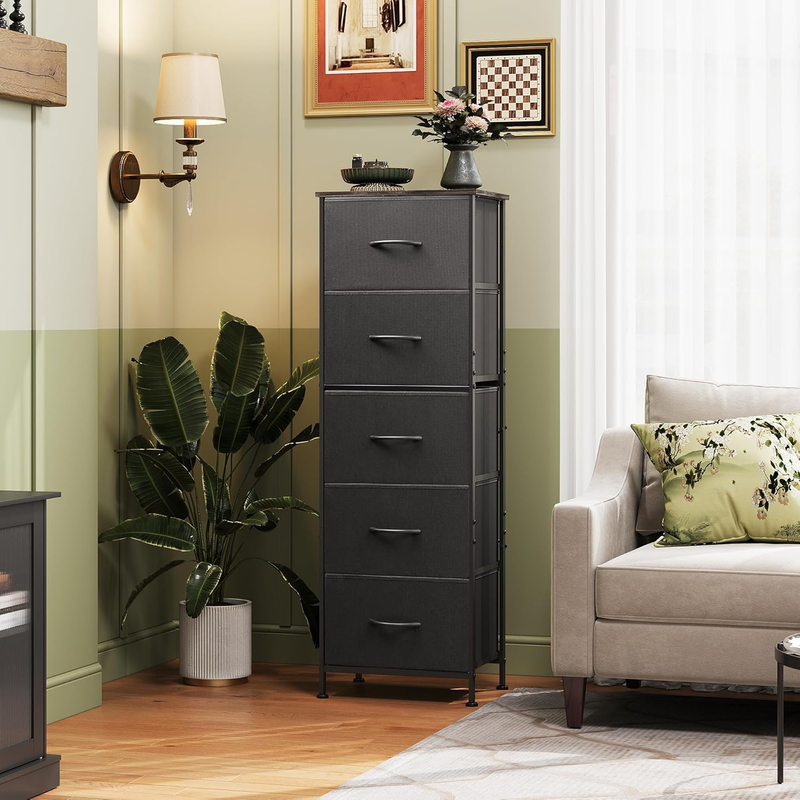 5 Drawer Fabric Dresser Storage Organizer Steel Frame Wood Top Black1