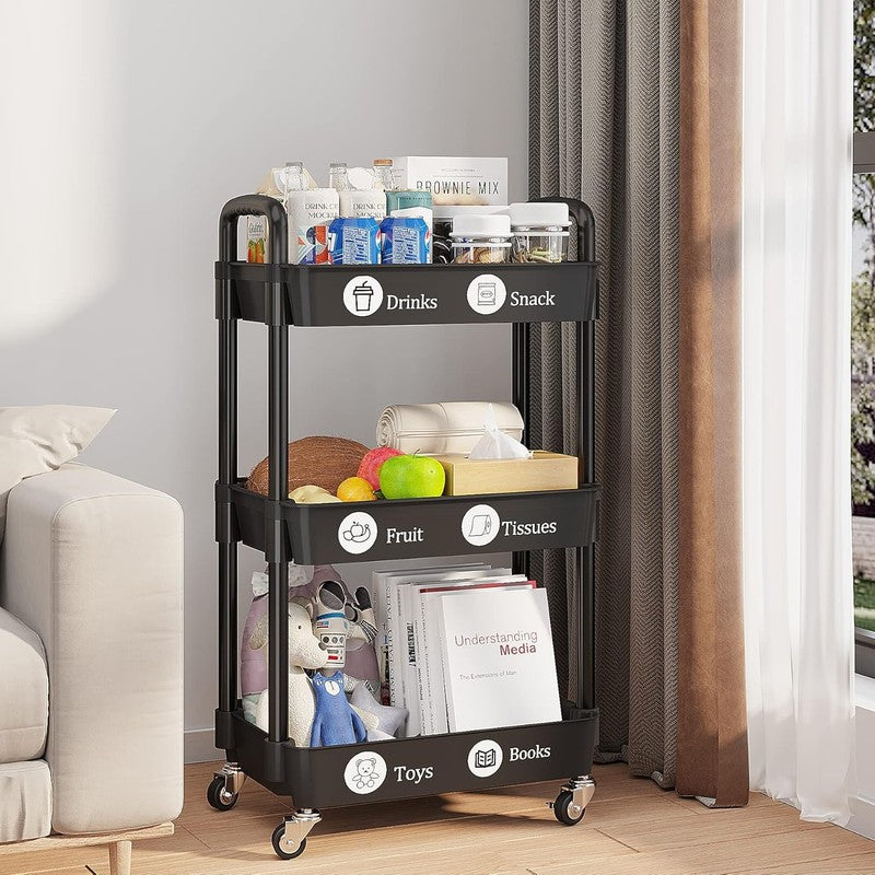 3-Tier Rolling Utility Cart with Labels, Handle & Wheels, Black Storage Rack2