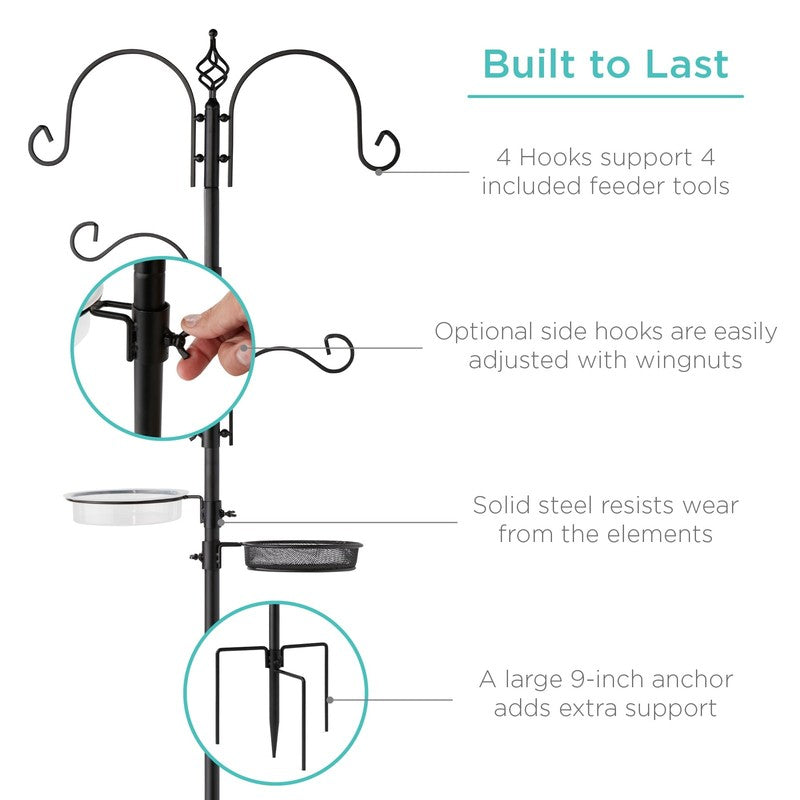 91" Black Steel 4-Hook Bird Feeding Station w/ 2 Feeders, Tray & Bird Bath5
