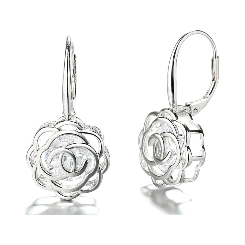 14K White Gold Plated Caged with Crystals Rose Lever Back Earrings10