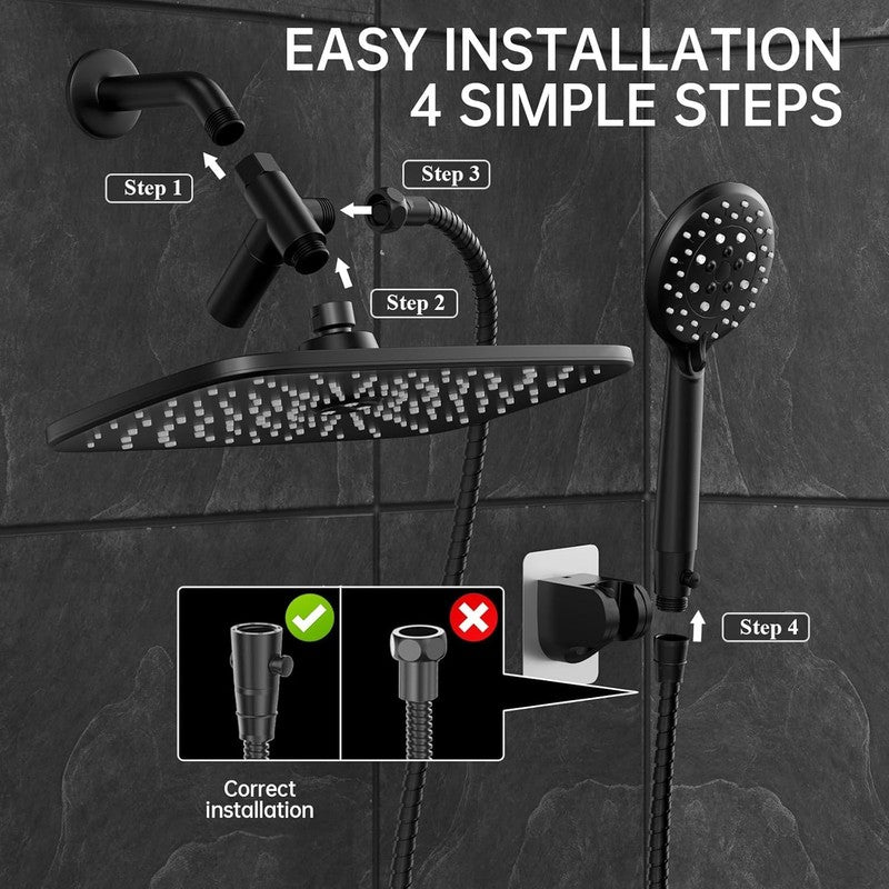 11.8" Rain Shower Head & Handheld Combo, 5-Mode High Pressure Matte Black5