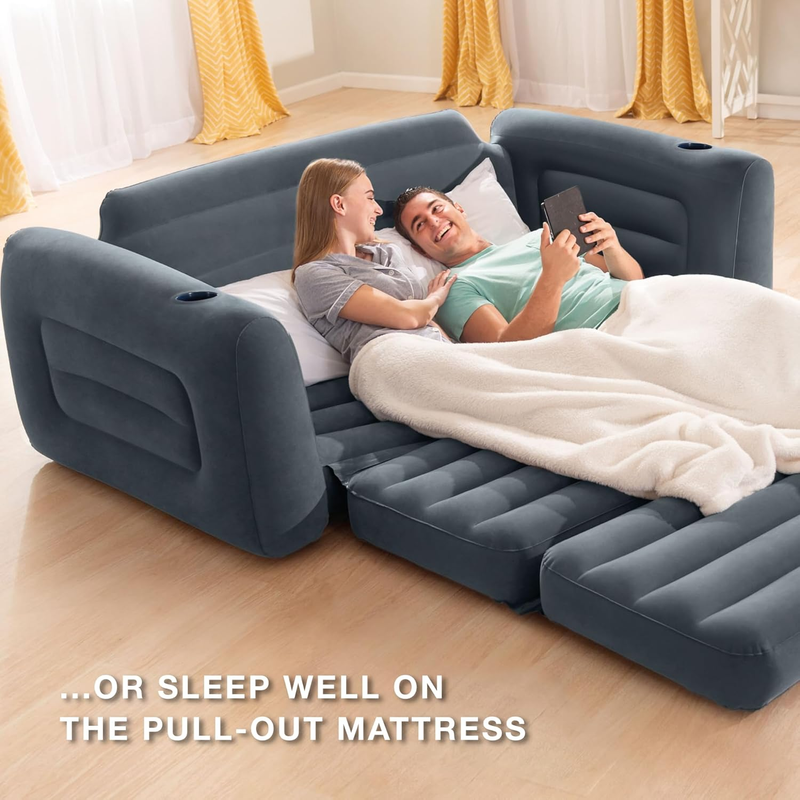 Inflatable Pull Out Sofa: Velvety Surface, 2 In 1 Valve, Cupholder, 46" X 88" X 4