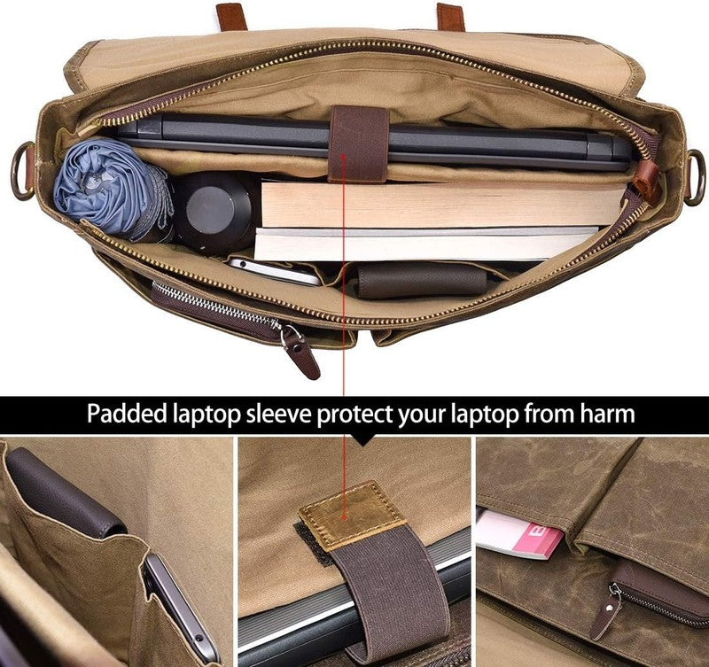 Mens Messenger Bag 15.6in Waterproof Leather Laptop Briefcase Satchel Khaki4