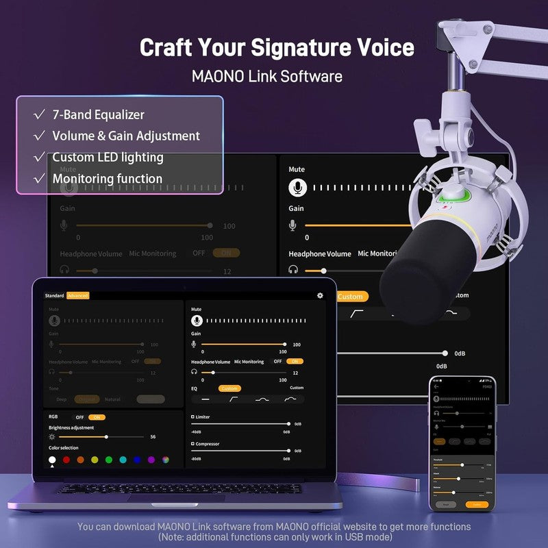 Dynamic RGB Microphone Kit XLR/USB with Boom Arm Mute Gain Control White3