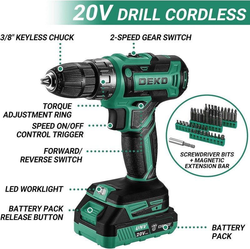 20V Cordless Drill Tool Kit Green Home Repair Electric Drill Driver Case2