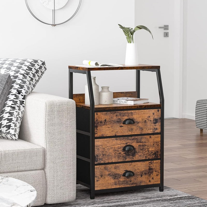 Nightstand with 3 Drawers and 2 Tier Shelf, Fabric Small Dresser Organizer Verti4