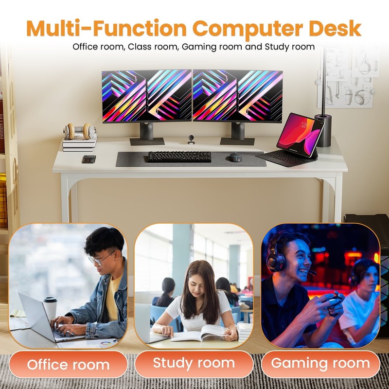 47" White Computer Desk with Metal Frame & Adjustable Feet Office Desk4