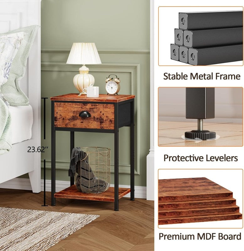 Set of 2 Nightstands w/ Fabric Drawer & Storage Shelf Rustic Brown Bedside Table3