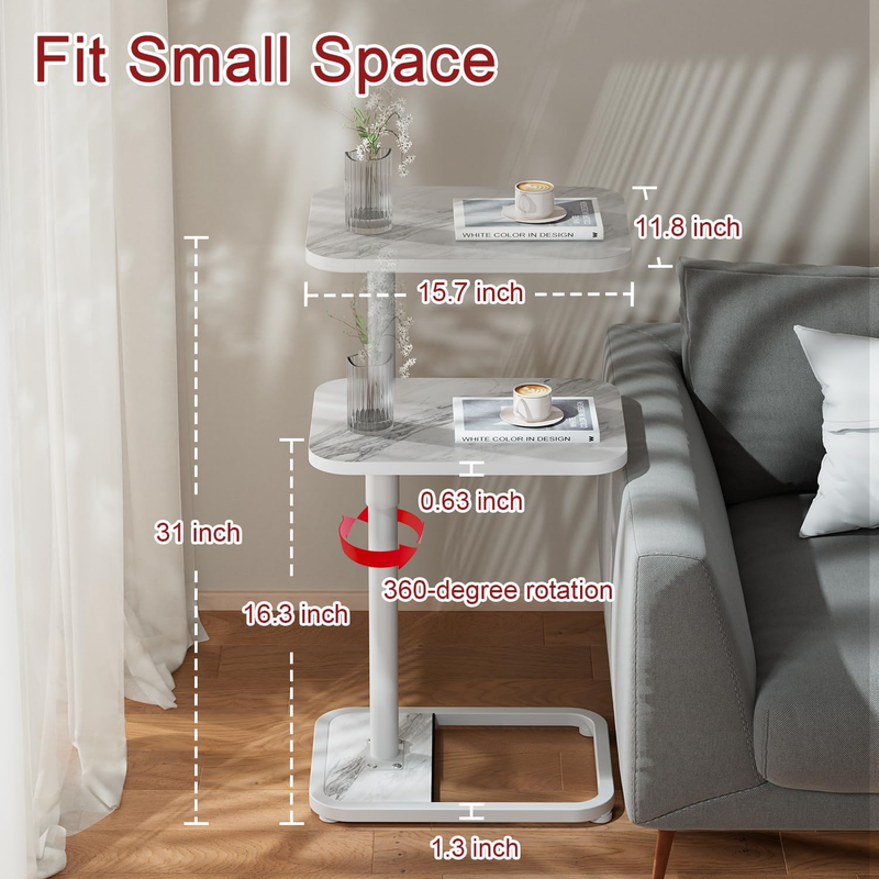 C-Shaped Adjustable TV Tray Side Table White Marble Wood1