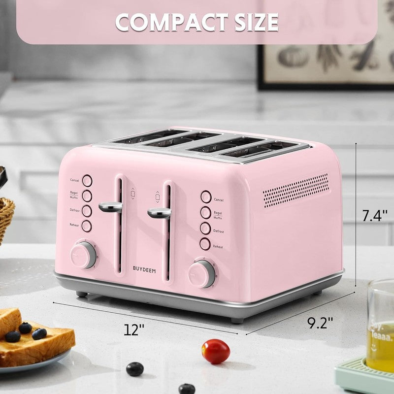 Retro 4 Slice Toaster 1800W Extra Wide Slots 7 Shade Bagel Muffin Stainless Pink5