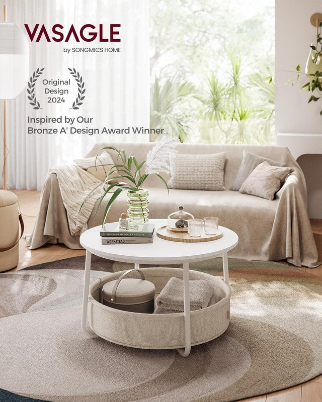 Round Coffee Table with Storage Basket, Metal Frame, Matte White & Camel Brown2