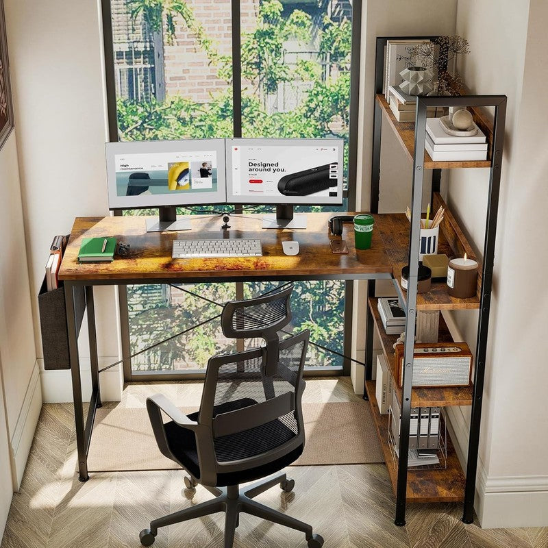 47'' L Shaped Desk Corner Computer Table Gaming Shelf Home Office Brown7