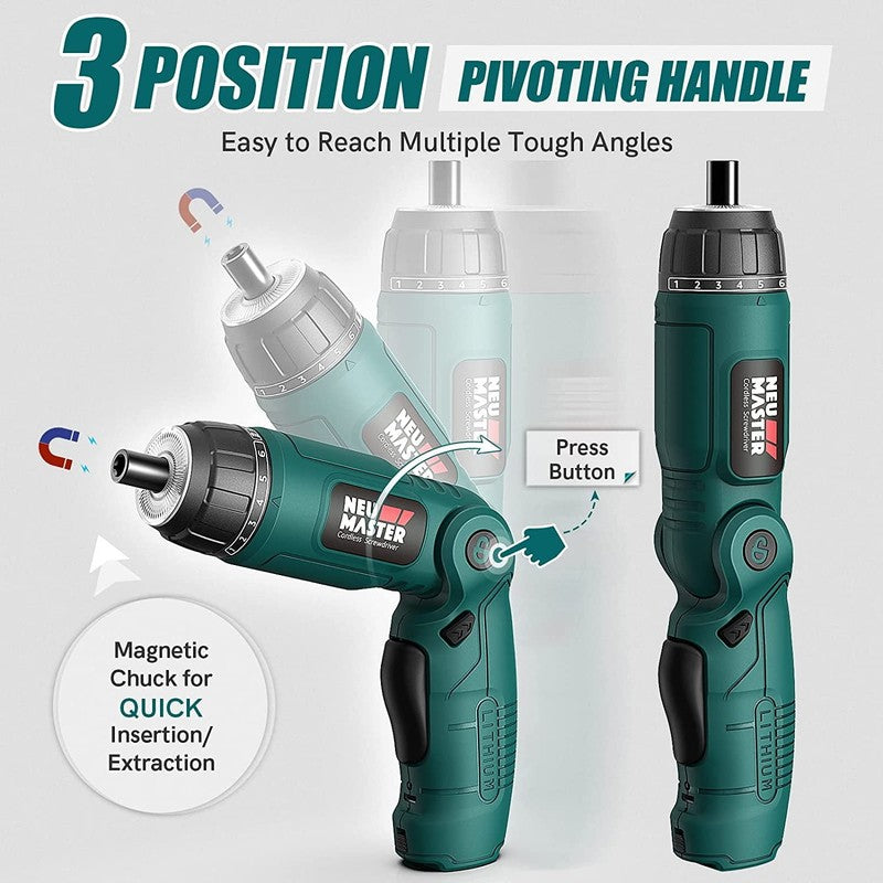 4V Cordless Electric Screwdriver 6+1 Torque 32pc Bits Pivot Handle LED 2000mAh1