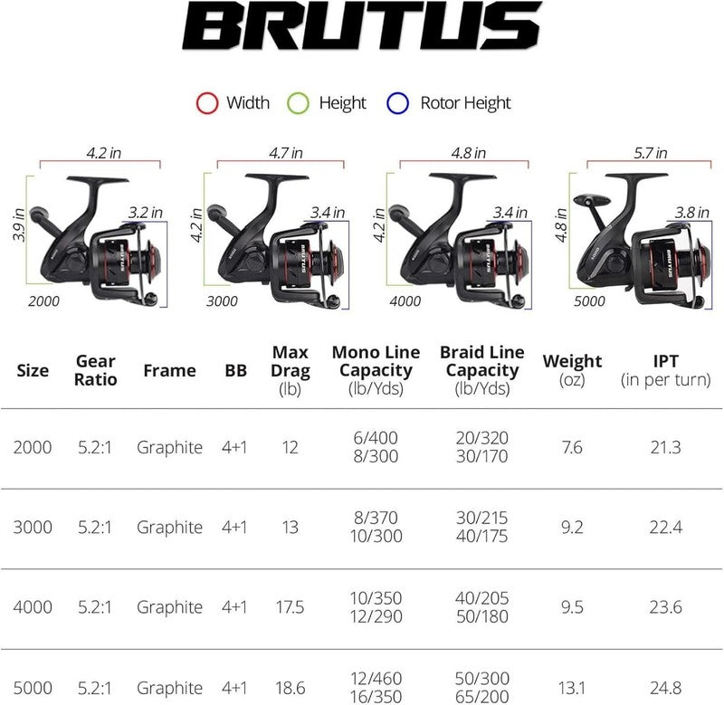 Brutus Freshwater Spinning Reel, Graphite Frame, 5.2:1 Gear Ratio, 4+1 Bearings4