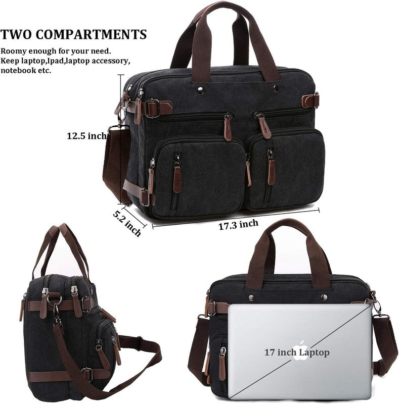 3 in 1 Canvas Laptop Bag 17.3 Inch Convertible Shoulder Travel Business Black2