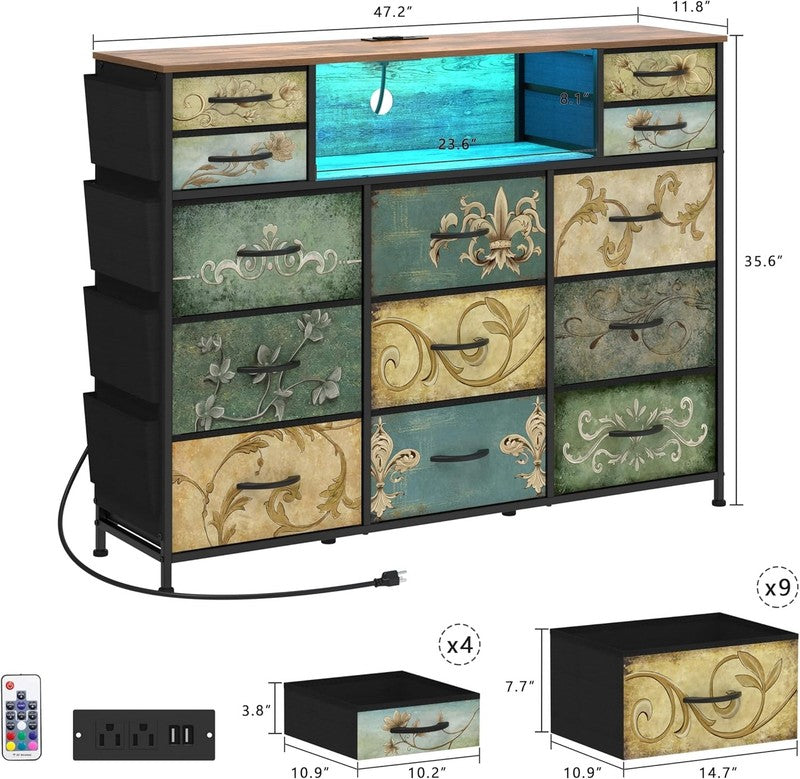 13 Drawer Retro Dresser TV Stand with Power Outlet LED Light Boho Storage Chest2