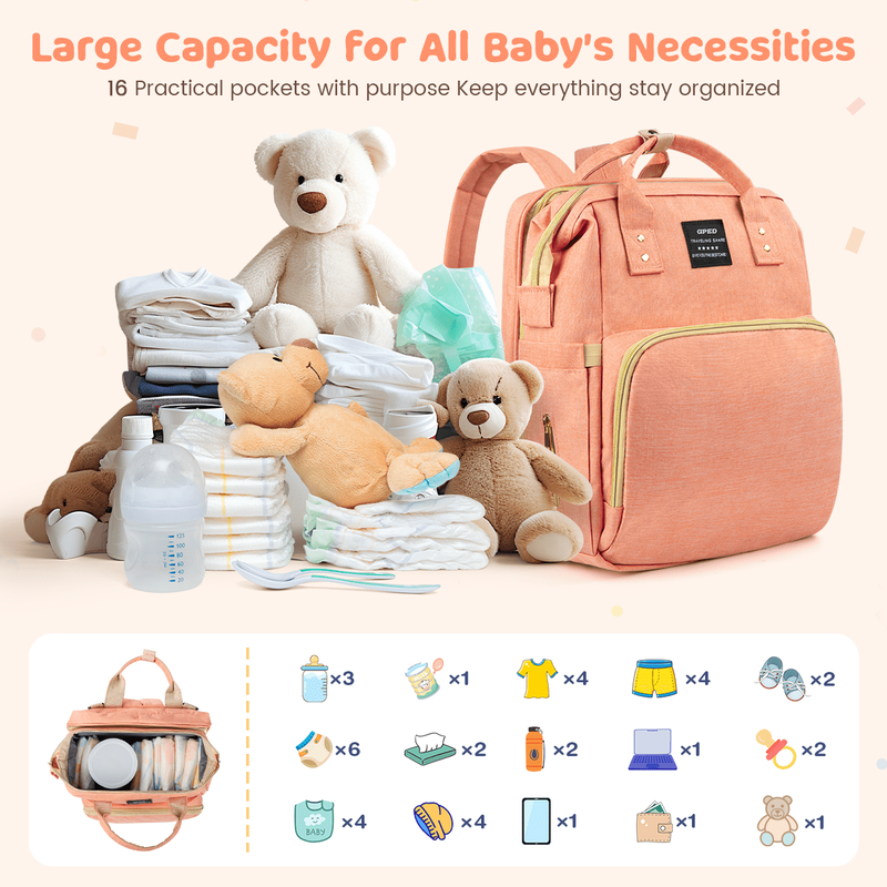 Diaper Bag Backpack w/ Crib, USB, Bottle Holders – Pink Travel Nappy Bag2