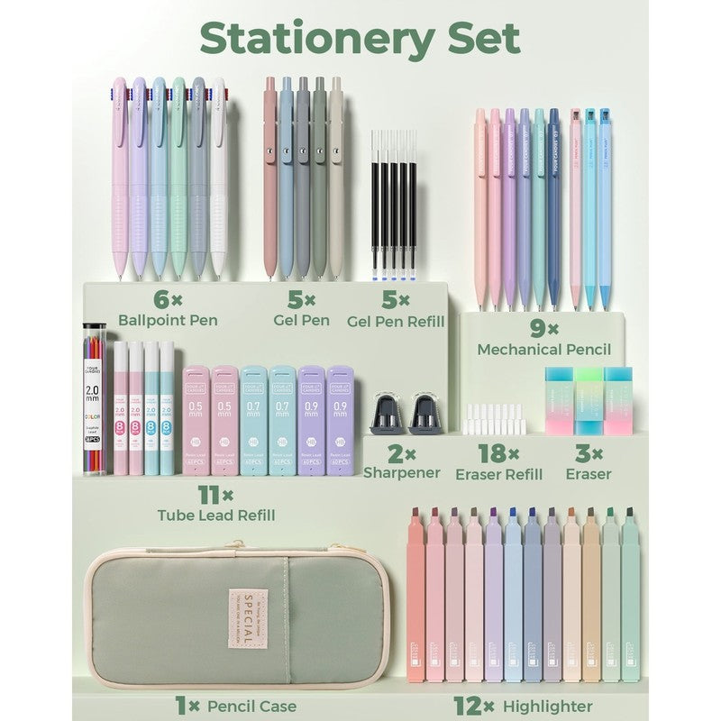 56 PCS Aesthetic Supplies with Pencil Case, 6 Multicolor Pen, 12 Pastel Highligh2
