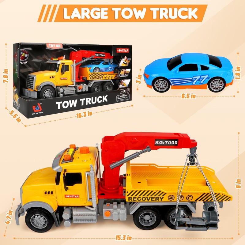 Kids Tow Truck Toys, 15" Large Toddler Car Toys, Transport Truck Crane with Road6