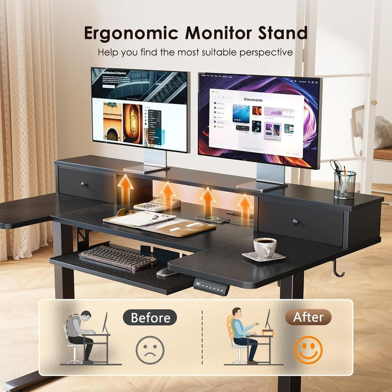 55'' U Shaped Electric Standing Desk w/ Drawers Sit Stand Home Office Black6