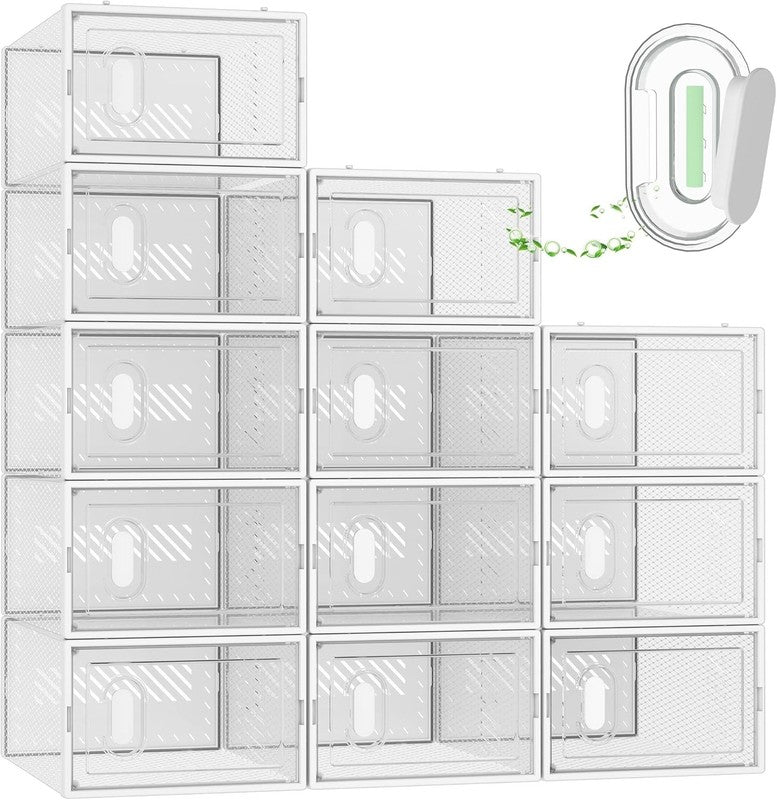 12 Pack Clear Plastic Shoe Storage Boxes, Stackable Organizers with Lids Size 108
